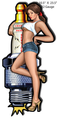 Champion Spark Plug Pin Up Girl Cut Out Garage Art Metal Sign