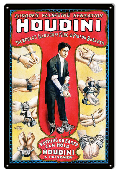 Handcuff King Houdini Wall Art Reproduction Magician Metal Sign