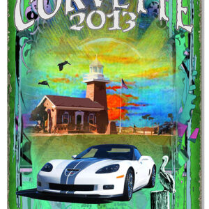 Reproduction White Corvette by Phil Hamilton Classic Car  Sign 12"x18"