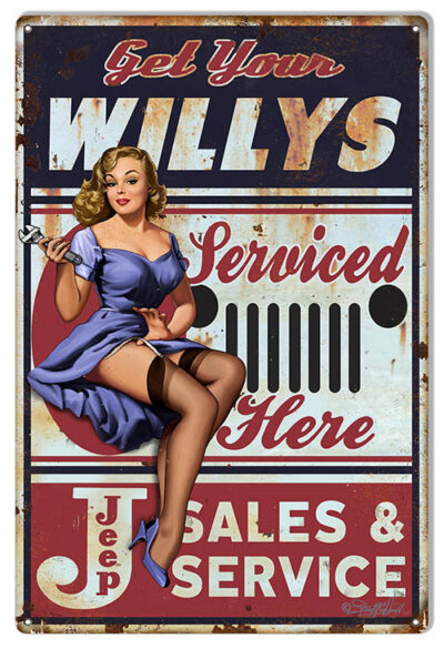 Jeep Willys Pin Up Girl By Steve McDonald Reproduction Sign 12"x18"