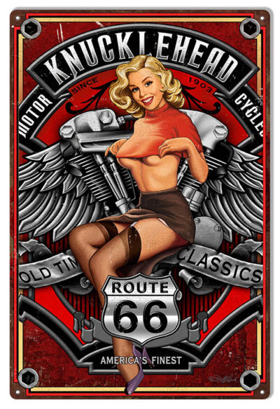 Route 66 Motorcycle Pin Up Girl By Steve McDonald Sign 12"x18"