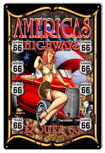 Route 66 Pin Up Girl Hot Rod Man Cave Sign By Steve McDonald 12x18