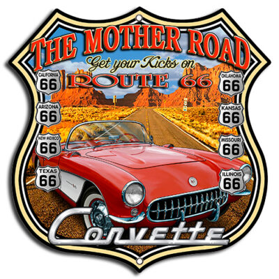 Route 66 Corvette Cut Out Metal Sign By Steve McDonald 7.5x7.5