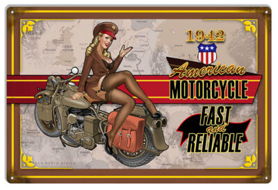 American Motorcycle Pin Up Girl Garage Art 12x18