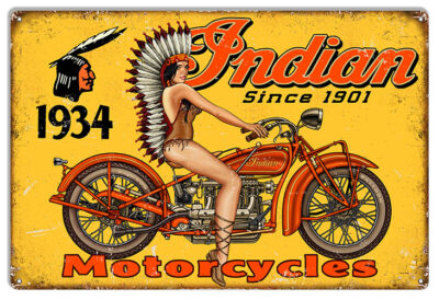 Indian Motorcycle Pin Up Girl Reproduction Garage Metal Sign 18x30