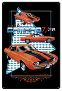 Camaro 1969 Z28 Orange Car Metal Sign By Rudy Edwards   12x18
