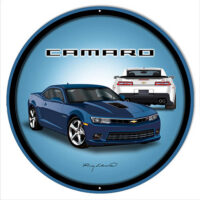Camaro Hot Rod Blue Metal Sign By Rudy Edwards 14x14 Round