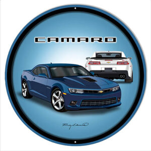 Camaro Hot Rod Blue Metal Sign By Rudy Edwards 14x14 Round