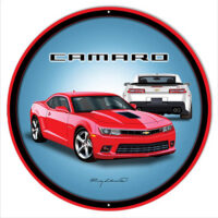Camaro Hot Rod  Red Metal Sign By Rudy Edwards 14x14 Round