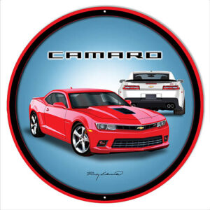 Camaro Hot Rod  Red Metal Sign By Rudy Edwards 14x14 Round