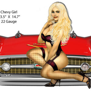 Chevy Front End Cut Out Pin Up Girl Garage Shop Metal Sign 14.7x23.5