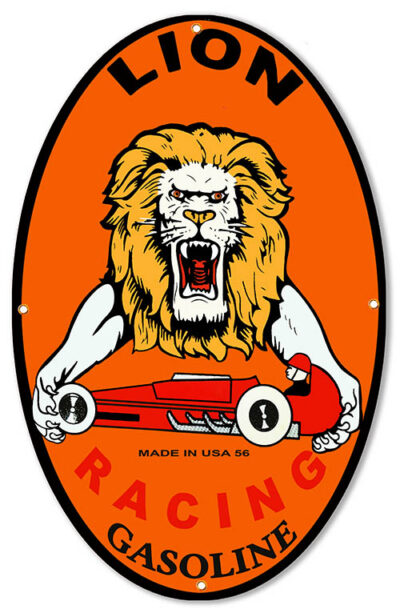 Lion Racing Gasoline Oval Reproduction Metal Sign 24x15