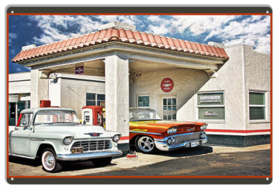 Classic Chevys Hot Rod  At Service Station By Artist Bob Kramer 12x18 Metal Sign RVG1800