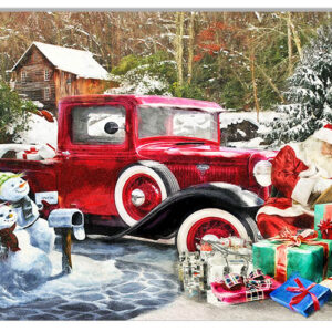 Red Classic Ford With Santa Claus Christmas Metal Hot Rod Sign By Bob Kramer 12x18 RVG1803