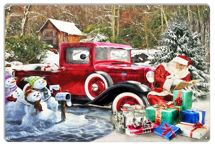 Red Classic Ford With Santa Claus Christmas Metal Hot Rod Sign By Bob Kramer 12x18 RVG1803