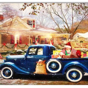 Classic Blue Ford Helping Santa Christmas Hot Rod Metal Sign By Artist Bob Kramer 12x18