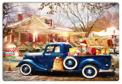 Classic Blue Ford Helping Santa Christmas Hot Rod Metal Sign By Artist Bob Kramer 12x18