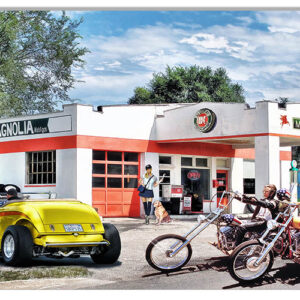1934 Yellow Roadster Being Admired Metal Sign By Original Artist Bob Kramer 12x18 RVG1812