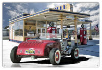 Red Roadster Stopping For Service Classic Hot Rod Car  Metal Sign By Bob Kramer 12x18 RVG1824