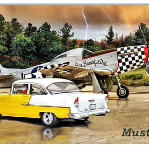 Vintage Mustang Airplane & Classic Chevy Metal Sign By Artist Bob Kramer 12x18 RVG1825