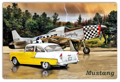 Vintage Mustang Airplane & Classic Chevy Metal Sign By Artist Bob Kramer 12x18 RVG1825