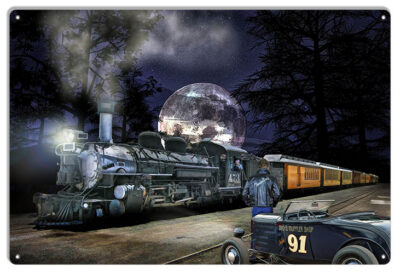 Hot Rod Waiting On A Night Train Metal Sign By Artist Bob Kramer 12x18 RVG1831