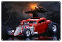 Red Rat Rod Hot Rod Badass On Halloween Metal Sign By Artist Bob Kramer 12x18 RVG1832