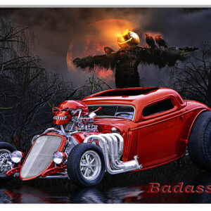 Red Rat Rod Hot Rod Badass On Halloween Metal Sign By Artist Bob Kramer 12x18 RVG1832