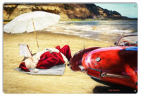 Santa Resting On The Beach Metal Christmas Holiday Sign By Artist Bob Kramer 12x18 RVG1845