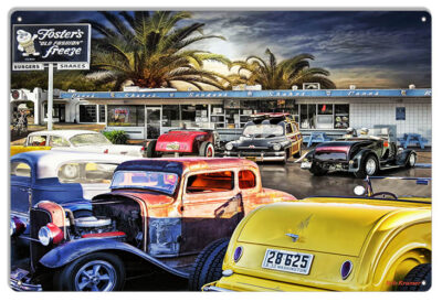 Classic Hot Rod Cars At Fosters Freeze Metal Sign By Artist Bob Kramer 12x18 RVG1849