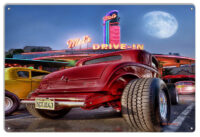 Red Classic Hot Rod At Mels Drive In Diner Metal Sign By Bob Kramer 12x18 RVG1856