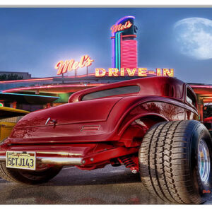 Red Classic Hot Rod At Mels Drive In Diner Metal Sign By Bob Kramer 12x18 RVG1856