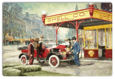 Gassing Up Classic Car Model T At The Shell Station Metal Sign By Bob Kramer 12x18 RVG1937