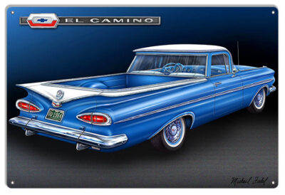 1959 Blue El Camino Metal Sign By Artist Michael Fishel 12x18