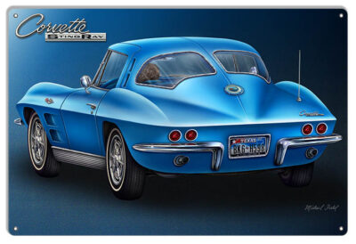 1963 Blue Corvette Sting Ray Metal Sign By Artist Michael Fishel 12x18