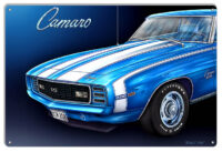 1969 Blue Camaro Metal Sign By Artist Michael Fishel 12x18