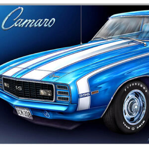 1969 Blue Camaro Metal Sign By Artist Michael Fishel 12x18