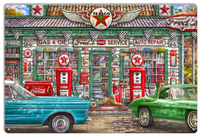Freds Service Station Metal Sign by Artist Michael Fishel 12x18