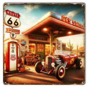 Route 66 Hot Rod 12x12 Metal Sign