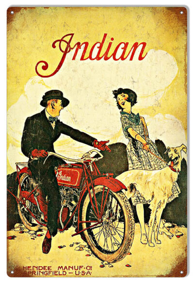 Indian Motorcycle With Couple Vintage Metal Sign