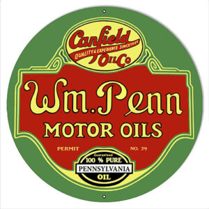 W.M Penn Gasoline Reproduction Motor Oil Metal Sign Round
