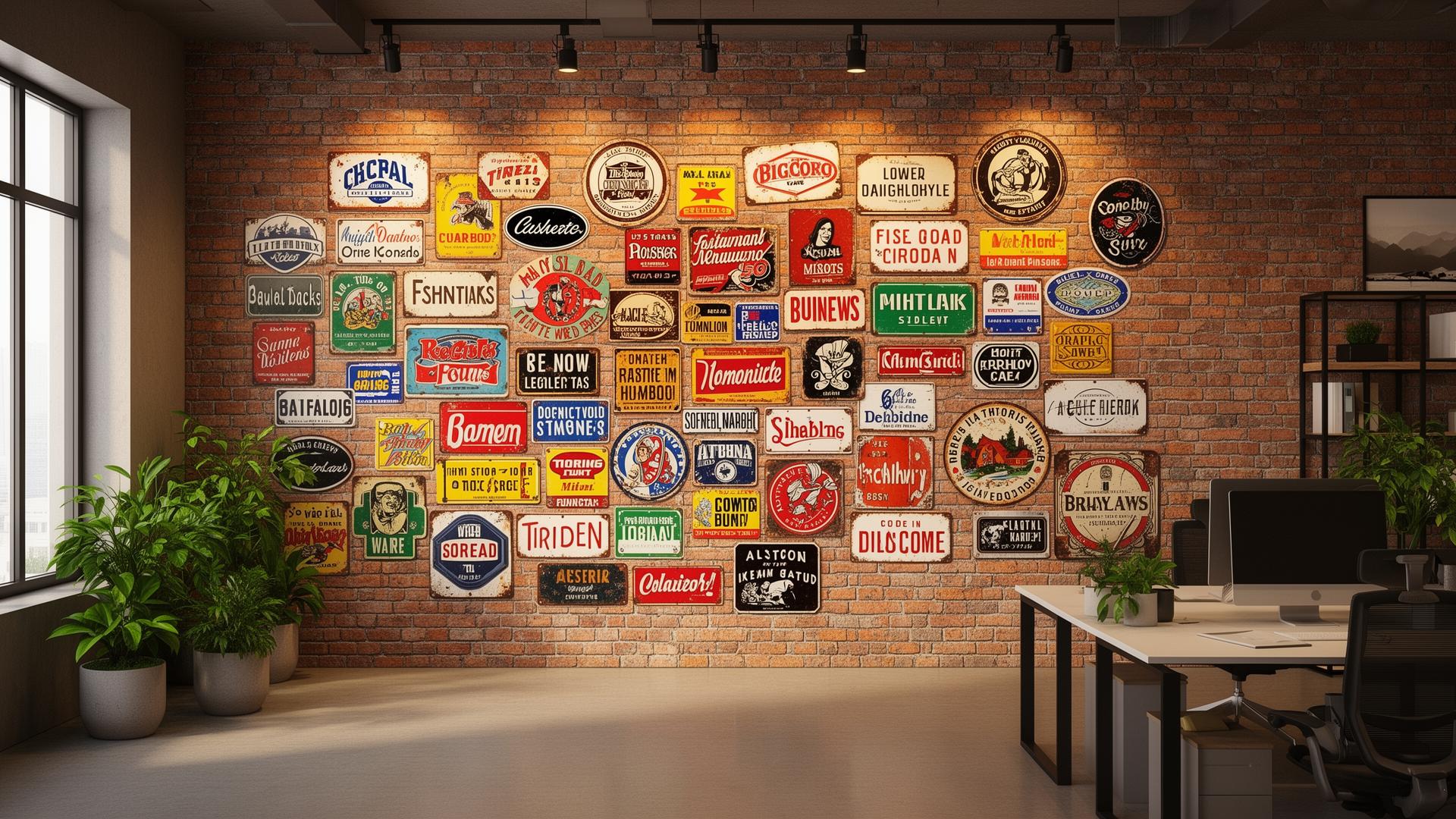 Office wall covered in custom metal signs